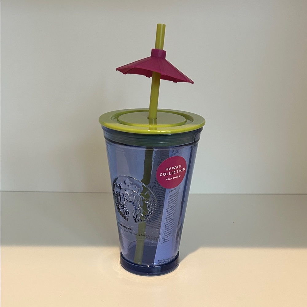 Starbucks Blue Tumbler with Lime Lid and Pink Umbrella Straw